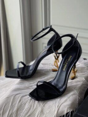 Saint Laurent Black Patent Leather Sandals with Gold Logo